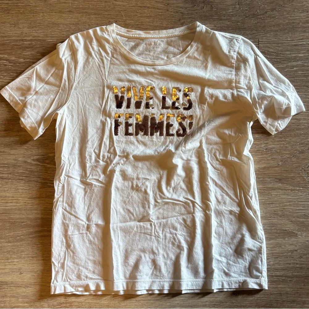 Kate Spade Graphic White Women's Tee with rose Gold Sequin Text